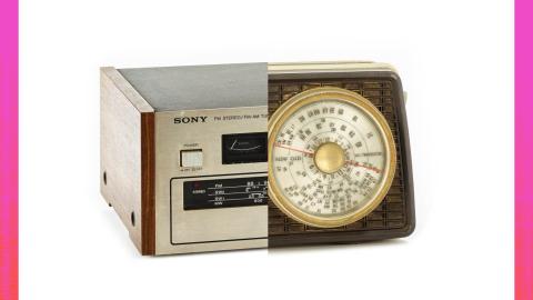 A split screen image showing half of 2 vintage radios on each side so they appear stuck together. 