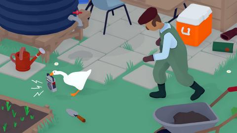 A screenshot from a video game featuring a goose being chased by a farmer.