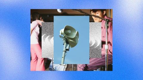 A collage of images, with the main one being a stadium speaker.
