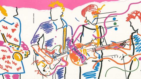 1980s graphic showing a sketch outline of a band drawn in bright colours.