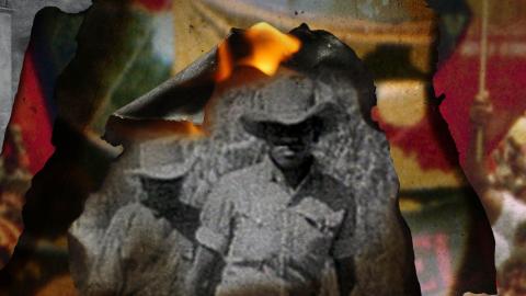 Detail from the poster for the film WINHANGANHA showing an archival photo of two First Nations men wearing collared shirts and bush hats. The edges of the black-and-white photo is curled up as if on fire, and the collage also features fire and the red, yellow and black colours of the Aboriginal flag
