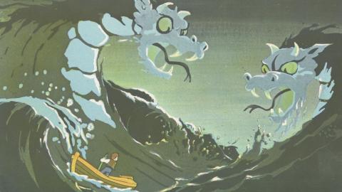Two dragons rise up out of the ocean and face off against each other while a boy in a rowboat tries to steer a path between them.