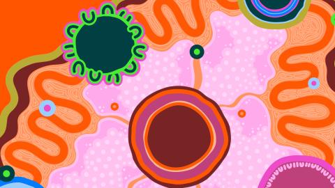 Detail from a First Nations artwork depicting circular shapes and curving lines representing light and sound waves.