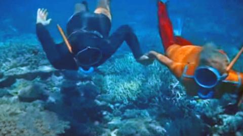 Frame capture of two people holding hands and snorkeling along a coral seabed.