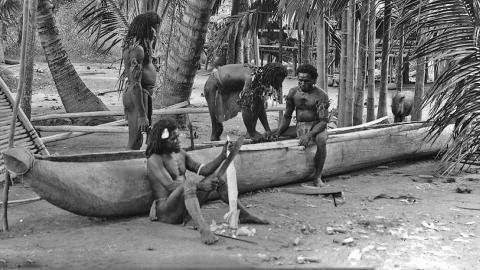 A group of Torres Strait Islander men building a canoe by the water, surrounded by palm trees in the early 1920s.