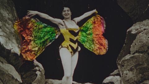 Handcoloured image of  woman wearing a yellow dancer's costume and colourful butterfly wings