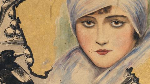 Close up of a hand painted image of actress Marie Lorraine, aka Isabel McDonagh.