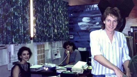 Richard Kingsmill in the office at radio station 2SER in the 1980s