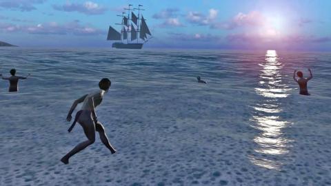 Still frame from virtual reality production Whadjuk showing Aboriginal men in the water and a ship on the horizon