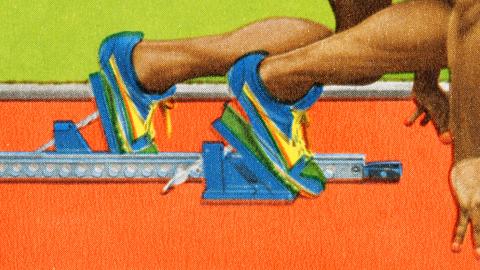 Commonwealth Games_starting blocks_1600x775 Colourful graphic image of athlete's legs and feet in the starting blocks of a race.