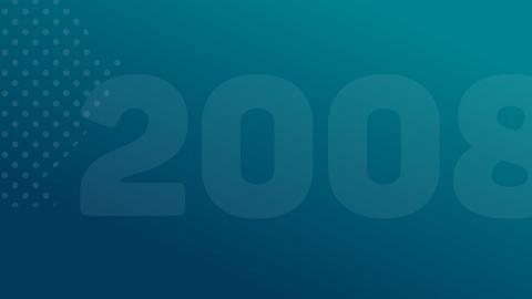 Graphic with gradient colours of teal and blue and the year 2008 and a series of dots partially over the top.