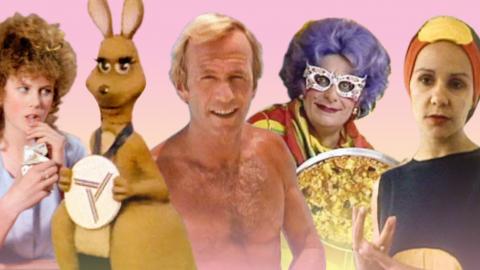 A yellow and pink tinted collage image of Nicole Kidman, Matilda the Commonwealth Games mascot kangaroo, Paul Hogan, Dame Edna Everage and Linda Burney.