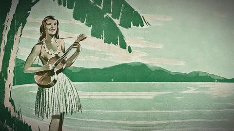 Drawing of a young woman standing next to a beach under a palm tree. She is dressed in a Hawaiian grass skirt with a lei around her neck and she is holding a ukelele.