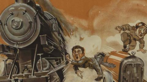Detail from a 1929 film poster showing a man jumping between a train and a speeding car, while a man rides on top of the car Detail from a 1929 film poster showing a man jumping between a train and a speeding car, while a man rides on top of the car
