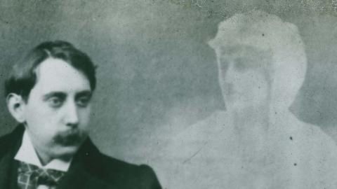 Details from a glass slide from 1870 purporting to show a young man with the spirit of a dead woman hovering at his shoulder