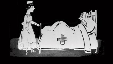 Cartoon drawing of a soldier in a hospital bed with a nurse standing at the end of his bed.