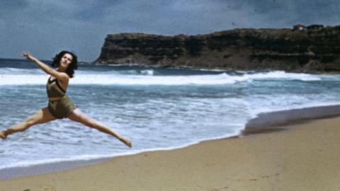 Tamara Toumanova from Ballet Russes performs a dance routine on the beach.