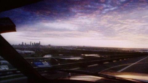 A city skyline at sunset
