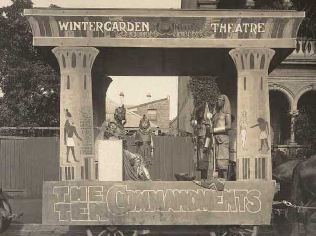 Temporary promotional stage outdoors with ancient Egyptian theme